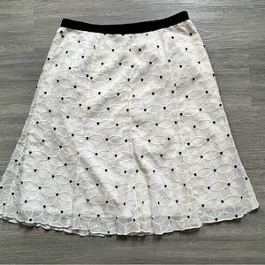 Ann Taylor White A-Line Skirt with Black Floral Polka Dot Embroidery